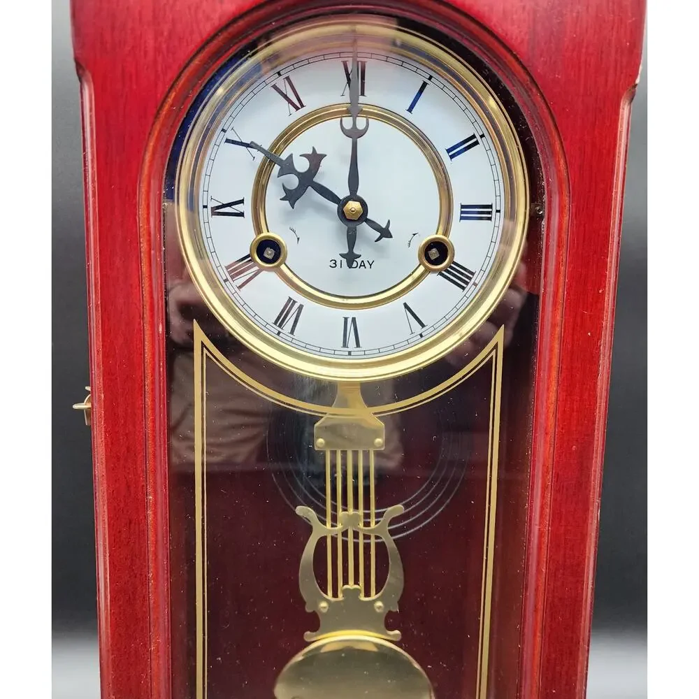 Vintage 31‑Day Regulator Clock Wood Case Glass Door w/ Key – For Decor/Parts